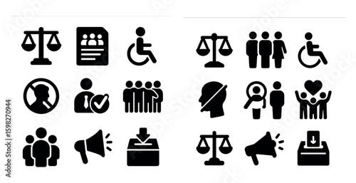 Accessibility and justice solid icons set – filled, inclusive, advocacy symbols