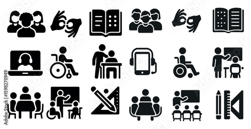 Educational solid icons set – learning, teaching, and classroom symbols