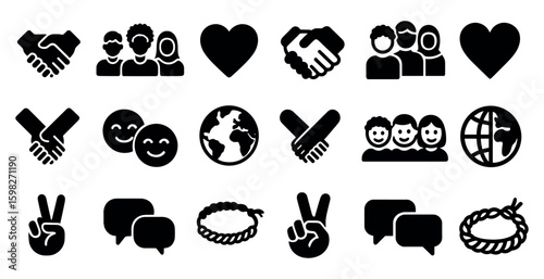 Diversity and unity solid icons set – filled, silhouette, global communication symbols