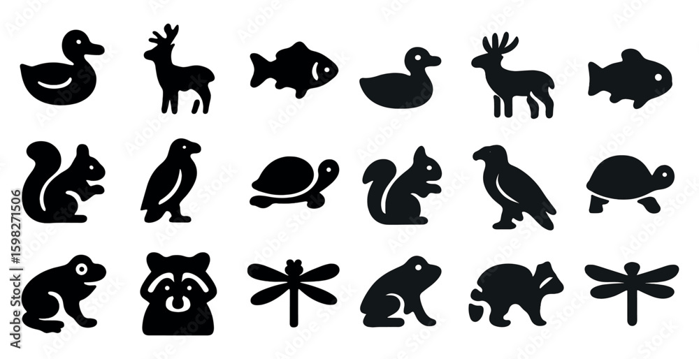 Fototapeta premium Nature and wildlife silhouette icons set – animals, outline, fauna symbols