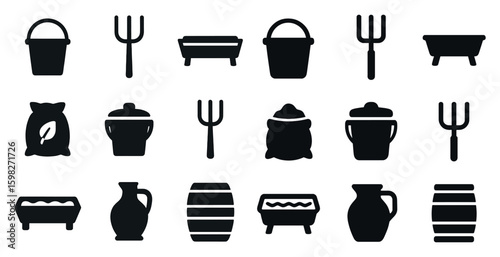 Gardening tools solid icons set – filled, flat, agriculture and farming symbols