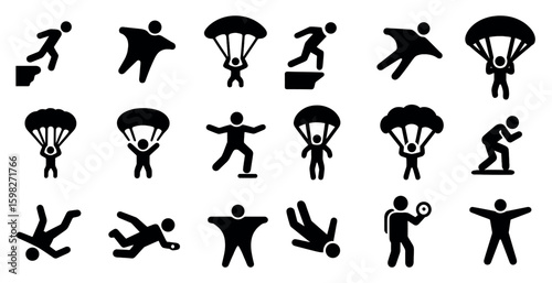 Extreme sports silhouette icons set – line, filled, adventure symbols