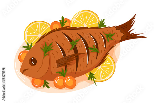 Grilled whole fish with head served on a plate with lemon slice, herbs and lemon in cartoon. Traditional Rosh Hashanah holiday dish isolated on white background.