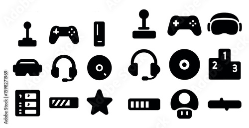 Gaming equipment silhouette icons set – filled, solid, console and headset symbols