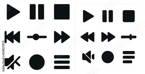 Media controls solid icons set – filled, playback and audio interface symbols