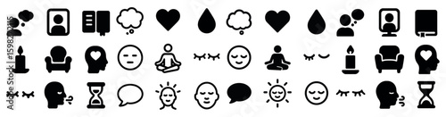 Meditation and mindfulness silhouette icons set – yoga, wellness, relaxation symbols