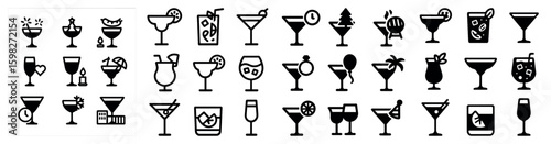 Cocktail and drink silhouette icons set – solid, filled, beverage and mixology symbols
