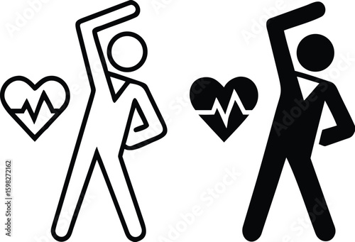 Exercise icons. Black and White Vector Icons of Man Doing Physical Exercises. Pulsating Heart. Stretching, Fitness, Sports. Concept of Wellness and Healthy Lifestyle
