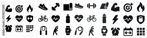 Fitness and exercise solid icons set – workout, training, health symbols