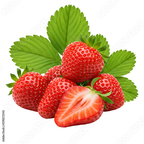 Realistic Ripe Strawberries With Green Leaves on Transparent Background