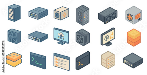 Computer hardware isometric icons set – technology, components, device illustrations