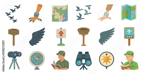 Birdwatching and nature icons set – flat, silhouette, wildlife and exploration symbols