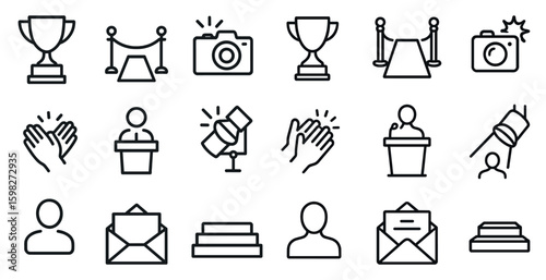 Award ceremony outline icons set – linear, outline, celebration and trophy symbols