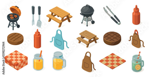 Barbecue and cookout icons set – isometric, picnic, grilling tools and outdoor dining