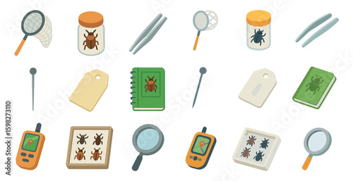 Entomology flat icons set – bug, insect, scientific exploration symbols