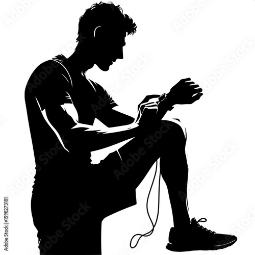 Black and White Vector Silhouette of a Man Using a Smartwatch While Running