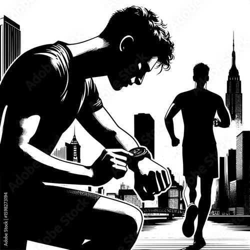Black and White Vector Silhouette of a Man Using a Smartwatch While Running