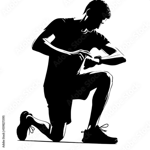 Black and White Vector Silhouette of a Man Using a Smartwatch While Running