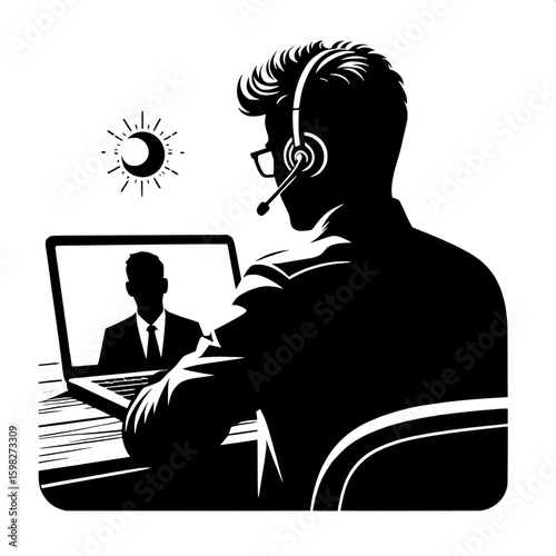 Black and White Vector Silhouette of a Man Attending a Virtual Meeting