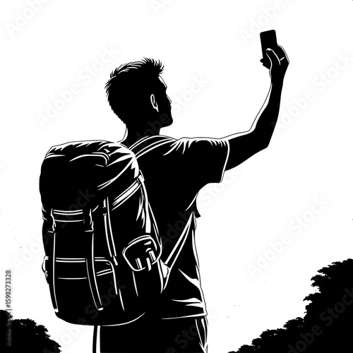 Black and White Vector Silhouette of a Man with Backpack Taking a Selfie at Landmark