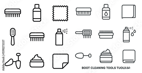 Boot cleaning tools outline icons set – shoe care, polish, maintenance symbols