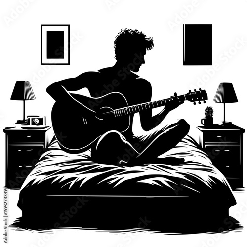 Black and White Vector Silhouette of a Man Playing Guitar in Bedroom