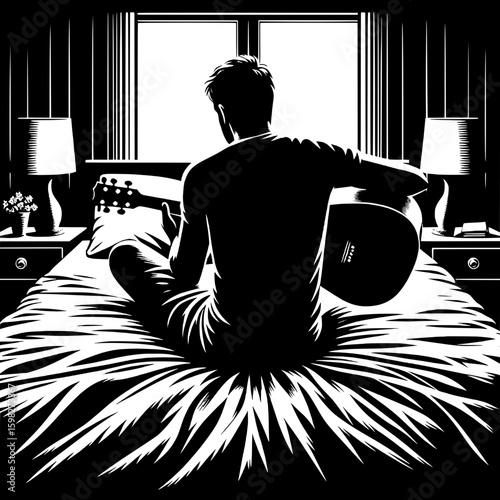 Black and White Vector Silhouette of a Man Playing Guitar in Bedroom