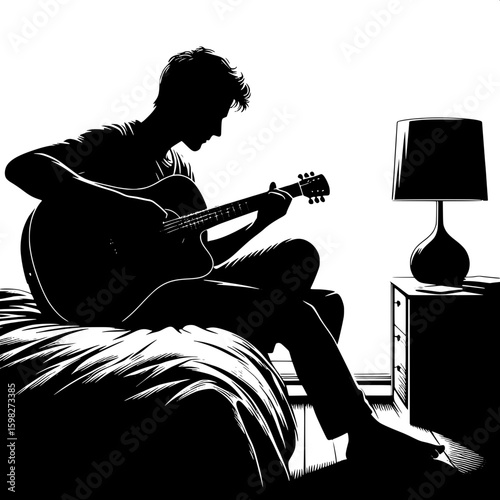 Black and White Vector Silhouette of a Man Playing Guitar in Bedroom