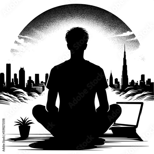 Black and White Vector Silhouette of a Man Watching a Movie on Laptop