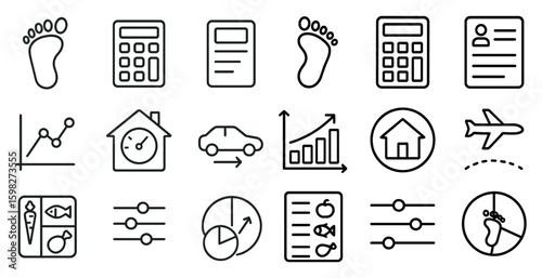 Footprint and data linear icons set – outline, analytics and calculation symbols