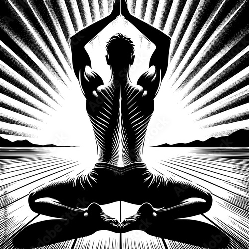 Black and White Vector Silhouette of a Man Doing Yoga Indoors