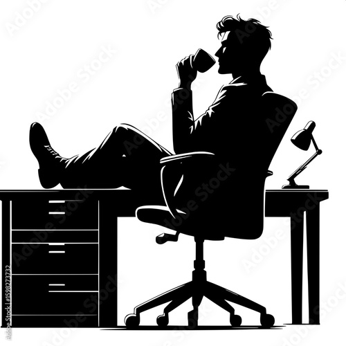 Black and White Vector Silhouette of a Man Taking a Coffee Break at Work