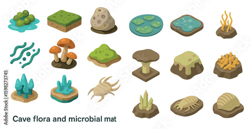 Cave flora 3d icons set – bacteria, fungi, microbial nature symbols