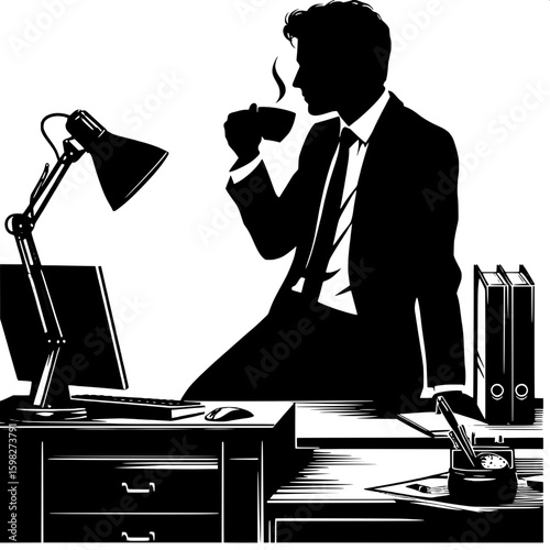 Black and White Vector Silhouette of a Man Taking a Coffee Break at Work