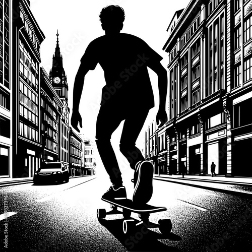 Black and White Vector Silhouette of a Man Skating on Urban Street