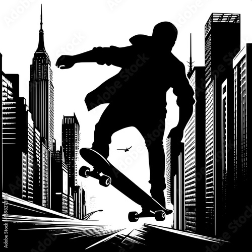 Black and White Vector Silhouette of a Man Skating on Urban Street