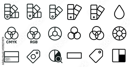 Color and design outline icons set – swatches, palette, cmyk and rgb symbols
