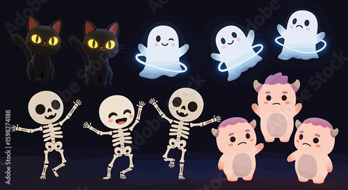 Cartoon illustration featuring Halloween characters: black cats with glowing eyes, friendly ghosts, dancing skeletons, and cute monsters on a dark background.