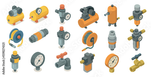 Air compressor tools isometric icons set – 3d, equipment, industrial and machinery elements
