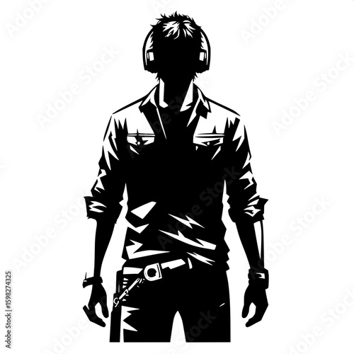 Black and White Vector Silhouette of a Man Listening to a Podcast