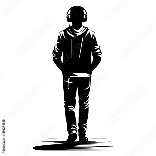 Black and White Vector Silhouette of a Man Listening to a Podcast