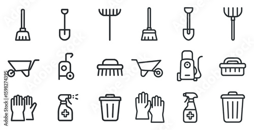 Cleaning tools outline icons set – line, janitorial, sanitation essentials