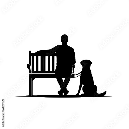 Black and White Vector Silhouette of a Man Taking a Break with Dog