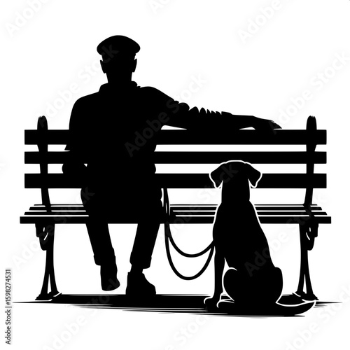 Black and White Vector Silhouette of a Man Taking a Break with Dog