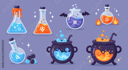 Colorful cartoon potion bottles and bubbling cauldrons, magical brewing illustration.