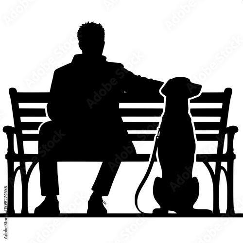 Black and White Vector Silhouette of a Man Taking a Break with Dog