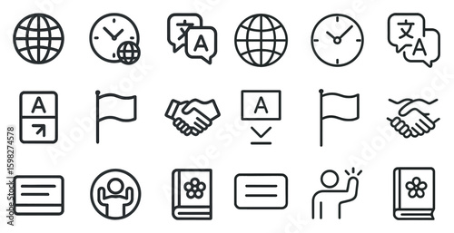 International communication icons set – outline, language, translation, global symbols