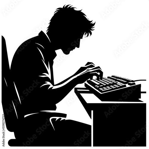Black and White Vector Silhouette of a Man Typing on Mechanical Keyboard