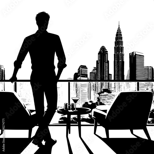 Black and White Vector Silhouette of a Man Taking a Break at Rooftop Lounge