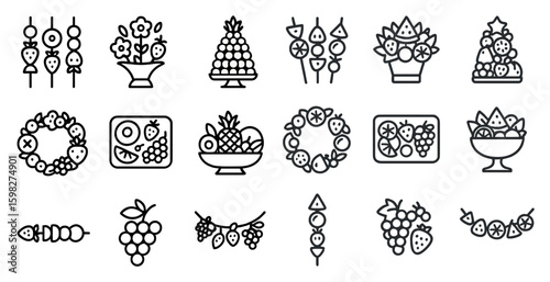 Fruit and food outline icons set – linear, line, culinary and kitchen symbols